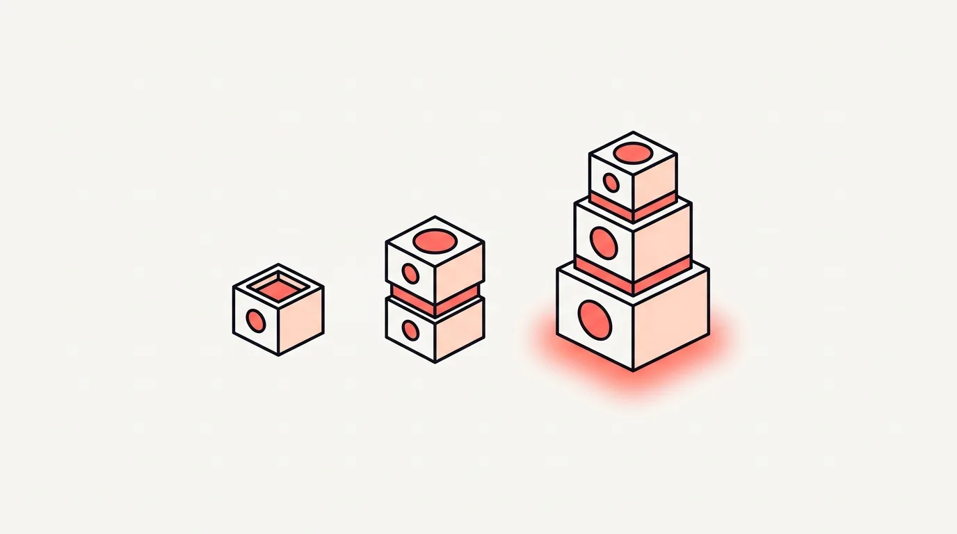 Drie hostingtypes naast elkaar als oplopende blokvormen: een klein los blok voor shared hosting, een gestapeld middenblok voor VPS, en een hoge blokkentoren met gloed eronder voor dedicated hosting