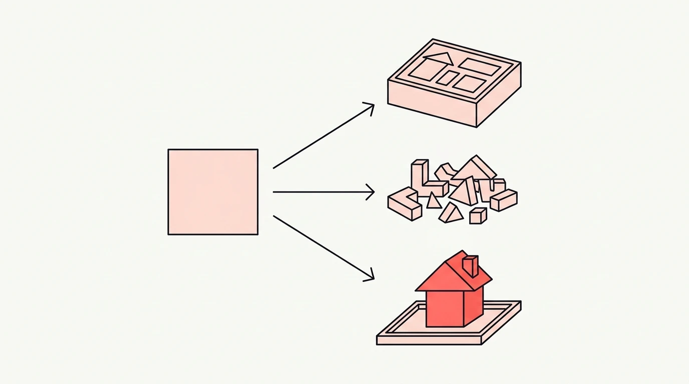 Een centraal blok met drie pijlen naar drie verschillende vormen: een kant-en-klaar bouwpakket, een stapel losse onderdelen en een afgewerkt huis op een dienblad