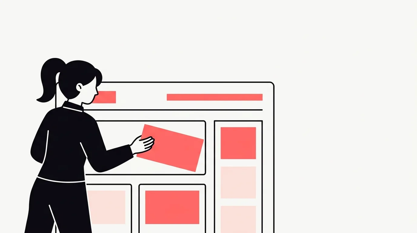 Een ontwerper zet een maatwerk websitelayout op uit abstracte wireframe-blokken op een groot scherm