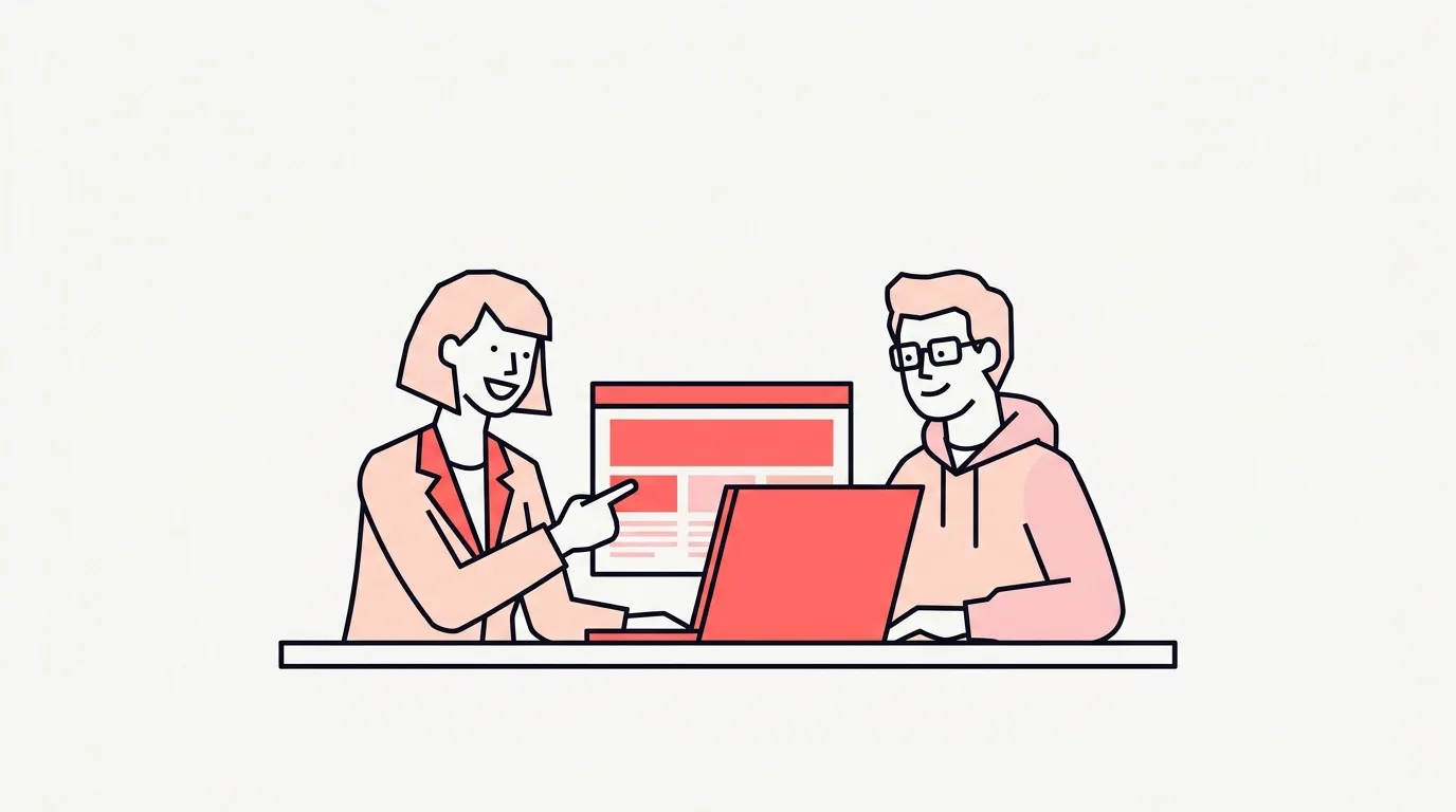 Een ondernemer en developer bekijken samen het afgeronde maatwerkontwerp op een laptop